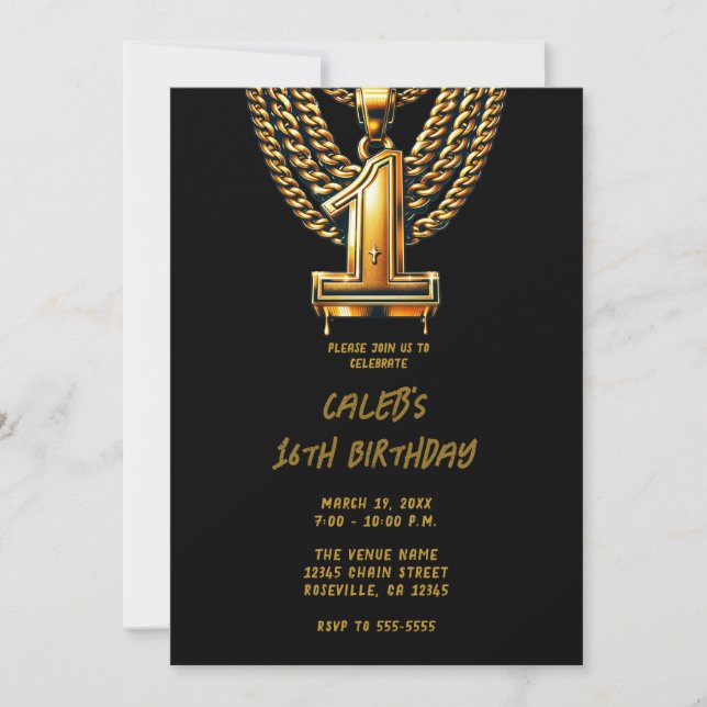 Gold Chain 1 Drip #1 Birthday Party Invitation (Front)