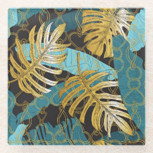 Gold chain curtain, tropical leaves. glass coaster