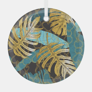Gold chain curtain, tropical leaves. glass tree decoration