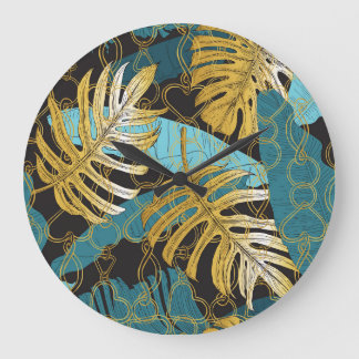 Gold chain curtain, tropical leaves. large clock
