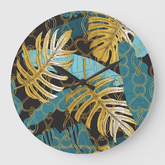 Gold chain curtain, tropical leaves. large clock (Front)
