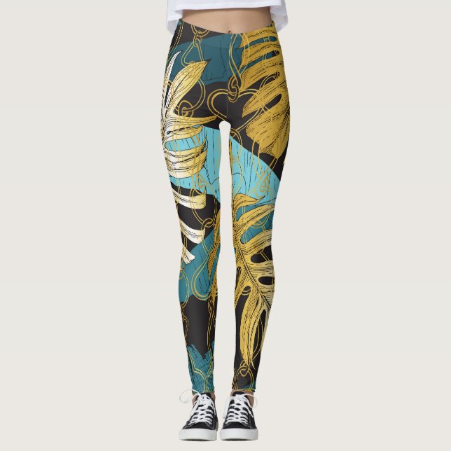 Gold chain curtain, tropical leaves. leggings (Front)