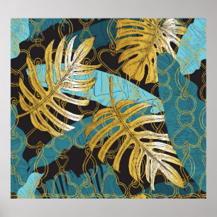 Gold chain curtain, tropical leaves. poster