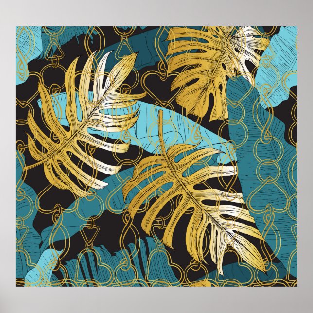 Gold chain curtain, tropical leaves. poster (Front)