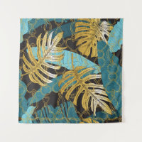 Gold chain curtain, tropical leaves.