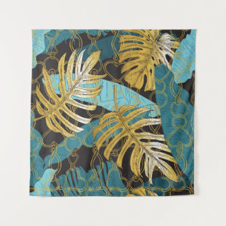 Gold chain curtain, tropical leaves. tapestry