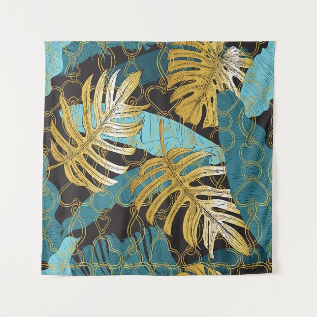Gold chain curtain, tropical leaves. tapestry (Front)