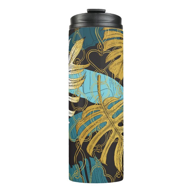 Gold chain curtain, tropical leaves. thermal tumbler (Front)