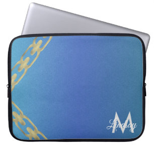 Gold Chain Glitter Blue Monogrammed Laptop Sleeve