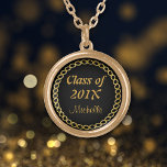 Gold Chain Graduate Necklace<br><div class="desc">This pretty keepsake graduate necklace has the class year and your graduate's name in gold on a black background. All is framed in a round gold chain image frame. Elegant,  and easy to customise with your own year.</div>