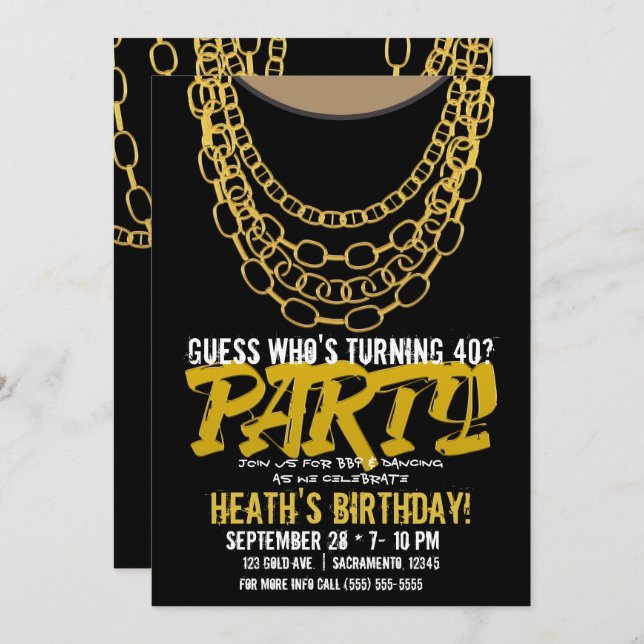 Gold Chains Black Hip Hop Dance Birthday Party Invitation (Front/Back)
