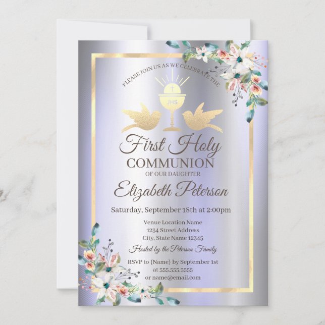 Gold Chalice Flowers Purple Metallic Invitation (Front)