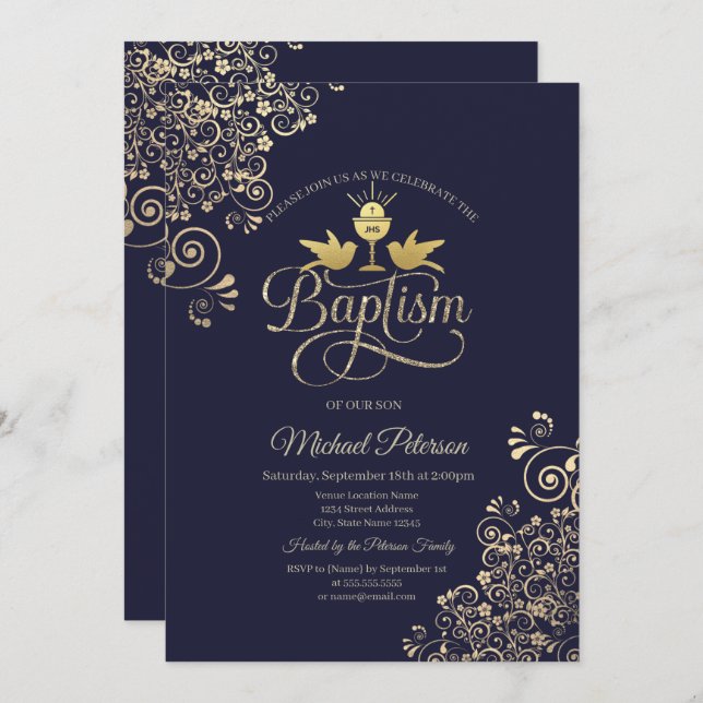 Gold Chalice Lace  Navy Blue  Invitation (Front/Back)