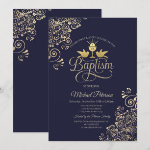 Gold Chalice Lace  Navy Blue  Invitation