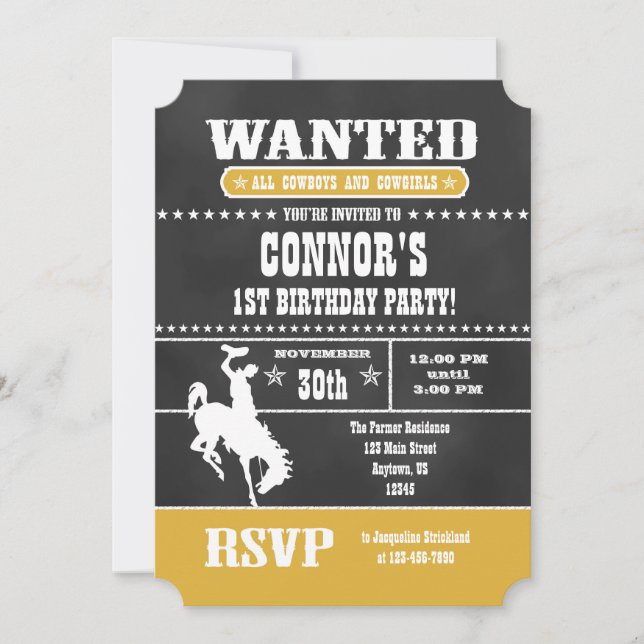 Gold Chalkboard Cowboy Birthday Invitation (Front)