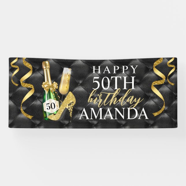 Gold Champagne and High Heels Birthday Banner (Horizontal)