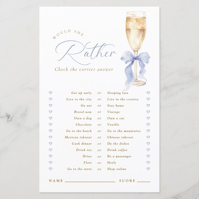 Gold Champagne Blue Bow Would She Rather Game (Front)