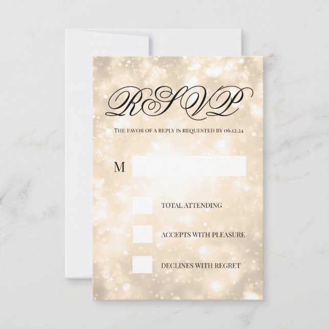 Gold Champagne Bokeh Elegant Wedding RSVP Card (Front)
