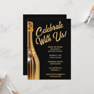 Gold Champagne Bottle on Black New Year's Eve  Invitation