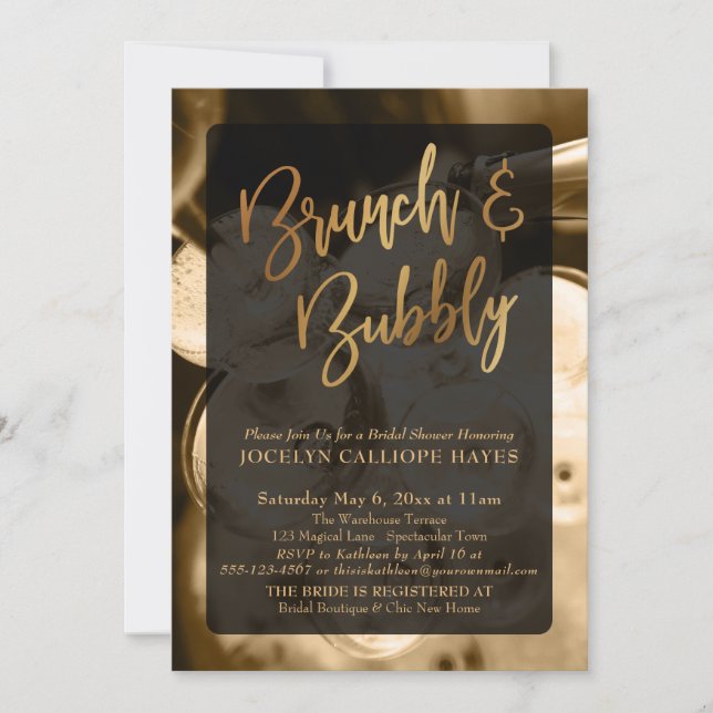 Gold Champagne Brunch & Bubbly Handwriting Invitation (Front)