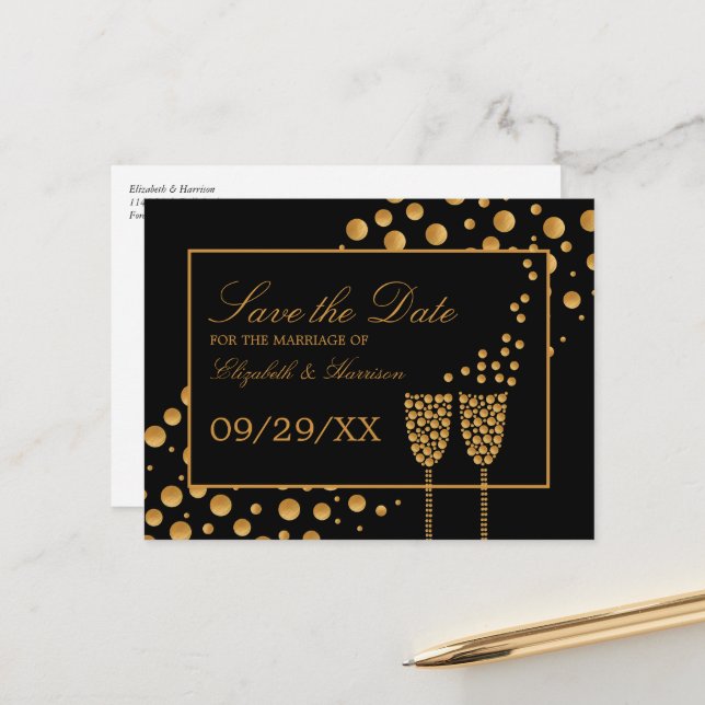 Gold Champagne Bubbles, Black & Gold Save the Date Announcement Postcard (Front/Back In Situ)