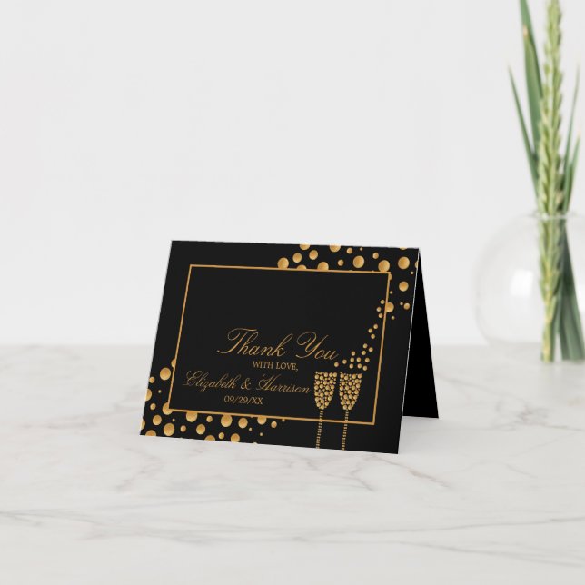 Gold Champagne Bubbles - Black & Gold -  Thank You Card (Front)