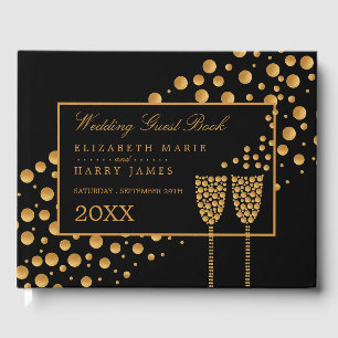 Gold Champagne Bubbles, Black & Gold Wedding Guest Book