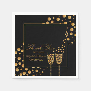 Gold Champagne Bubbles - Black & Gold - Wedding Napkin