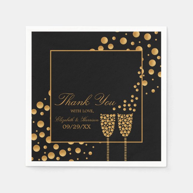Gold Champagne Bubbles - Black & Gold - Wedding Napkin (Front)