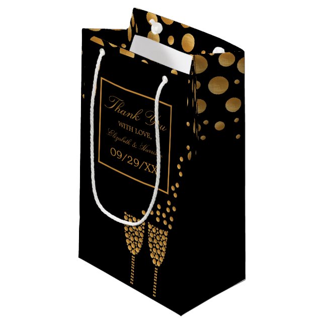 Gold Champagne Bubbles, Black & Gold Wedding Small Gift Bag (Front Angled)
