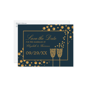 Gold Champagne Bubbles, Blue & Gold, Save the Date Announcement Postcard