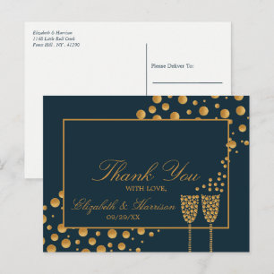 Gold Champagne Bubbles - Blue & Gold - Thank You Postcard