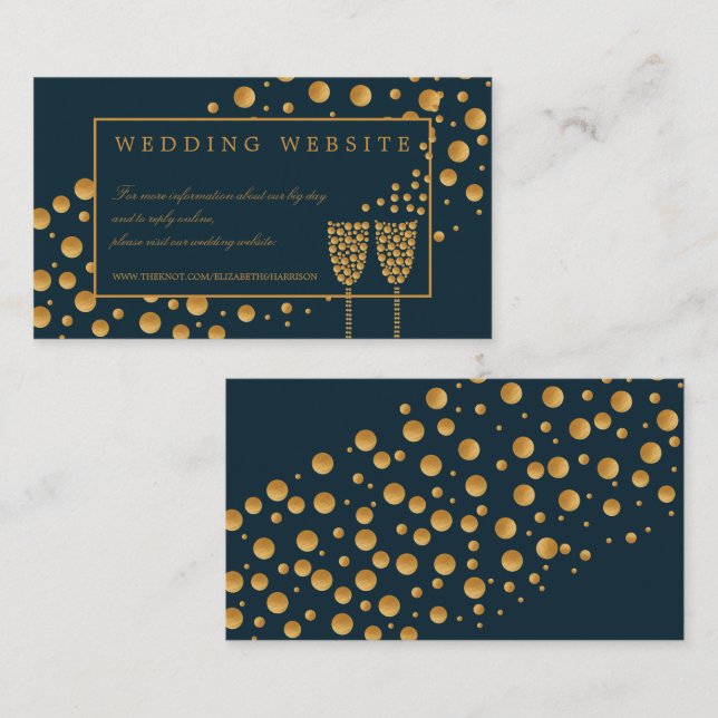 Gold Champagne Bubbles, Blue & Gold Wedding Detail Enclosure Card (Front/Back)