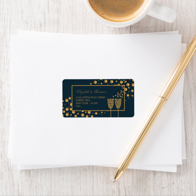 Gold Champagne Bubbles - Blue & Gold - Wedding Label (Insitu)