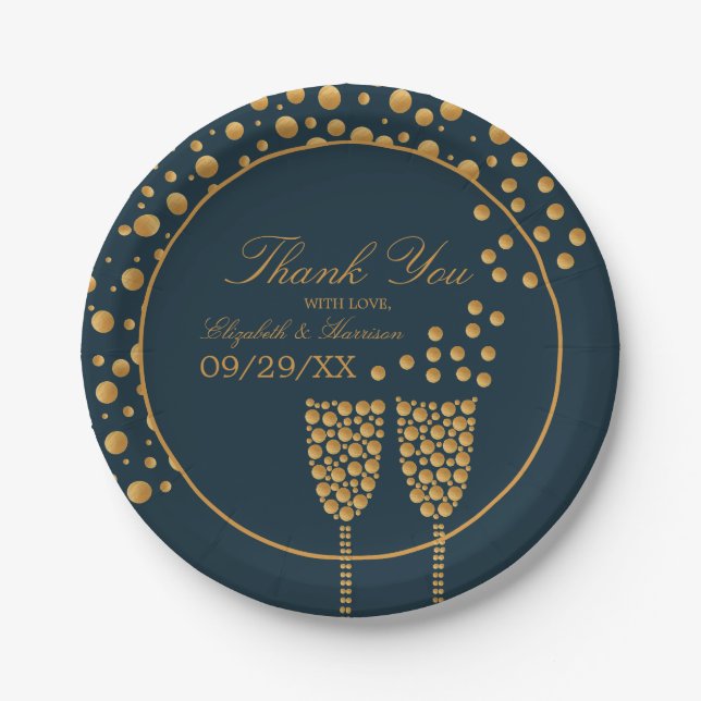 Gold Champagne Bubbles - Blue & Gold - Wedding Paper Plate (Front)