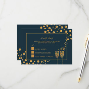 Gold Champagne Bubbles - Blue & Gold - Wedding RSVP Card
