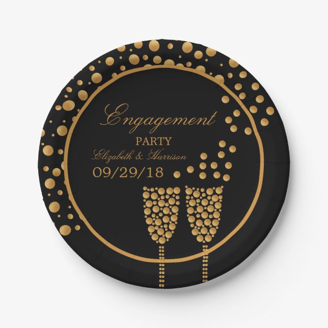 Gold Champagne Bubbles Engagement Party Paper Plate (Front)