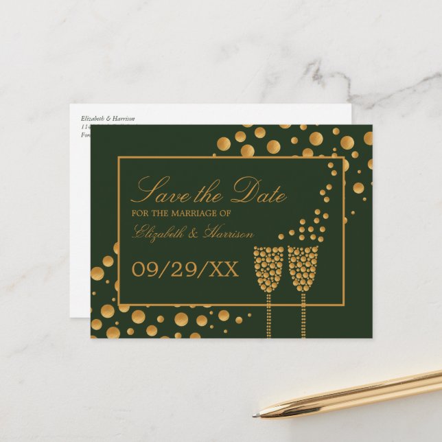 Gold Champagne Bubbles, Green & Gold Save the Date Announcement Postcard (Front/Back In Situ)