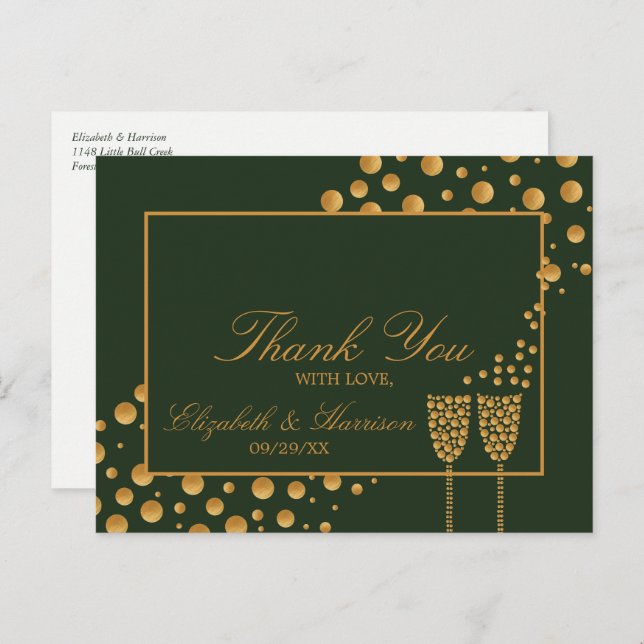 Gold Champagne Bubbles - Green & Gold - Thank You Postcard (Front/Back)