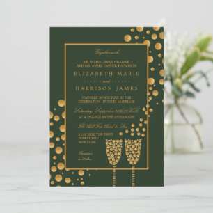 Gold Champagne Bubbles - Green & Gold - Wedding Invitation