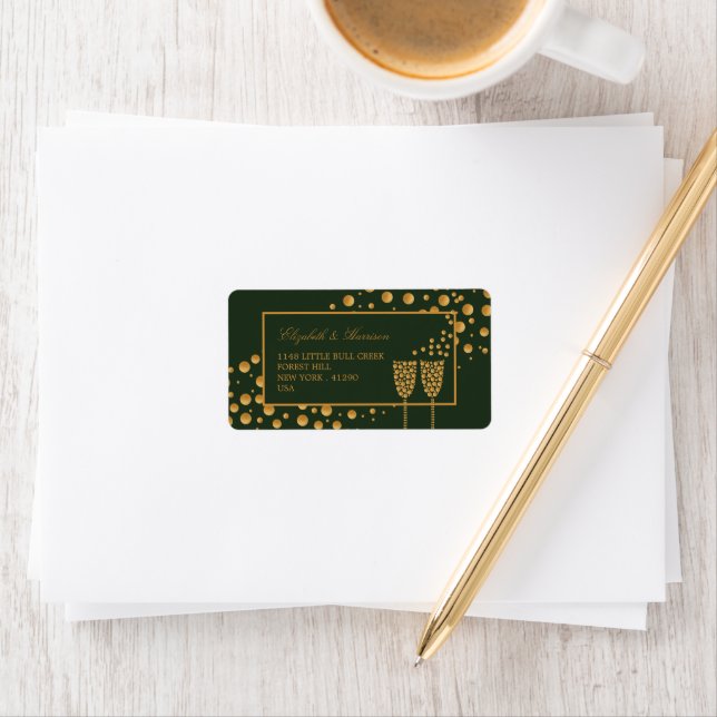 Gold Champagne Bubbles - Green & Gold - Wedding Label (Insitu)