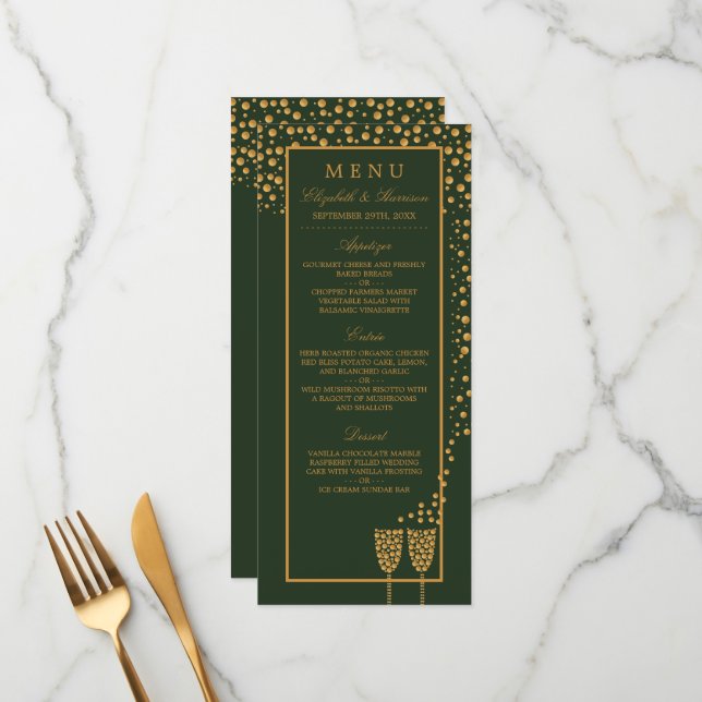 Gold Champagne Bubbles - Green & Gold - Wedding Menu (Front/Back In Situ)
