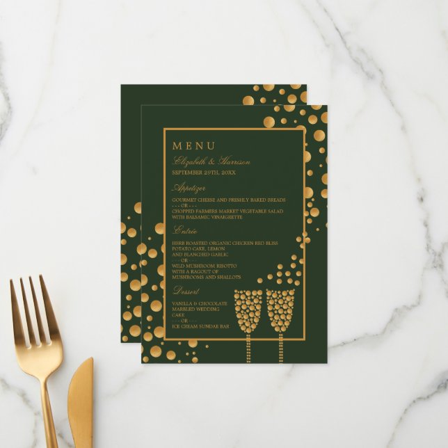 Gold Champagne Bubbles - Green & Gold - Wedding Menu (Front/Back In Situ)