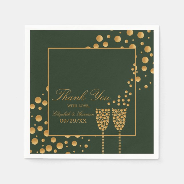 Gold Champagne Bubbles - Green & Gold - Wedding Napkin (Front)