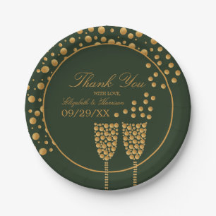 Gold Champagne Bubbles - Green & Gold - Wedding Paper Plate