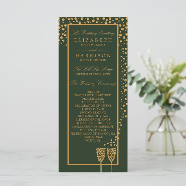 Gold Champagne Bubbles - Green & Gold - Wedding Programme (Standing Front)
