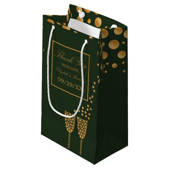 Gold Champagne Bubbles, Green & Gold Wedding Small Gift Bag (Front Angled)