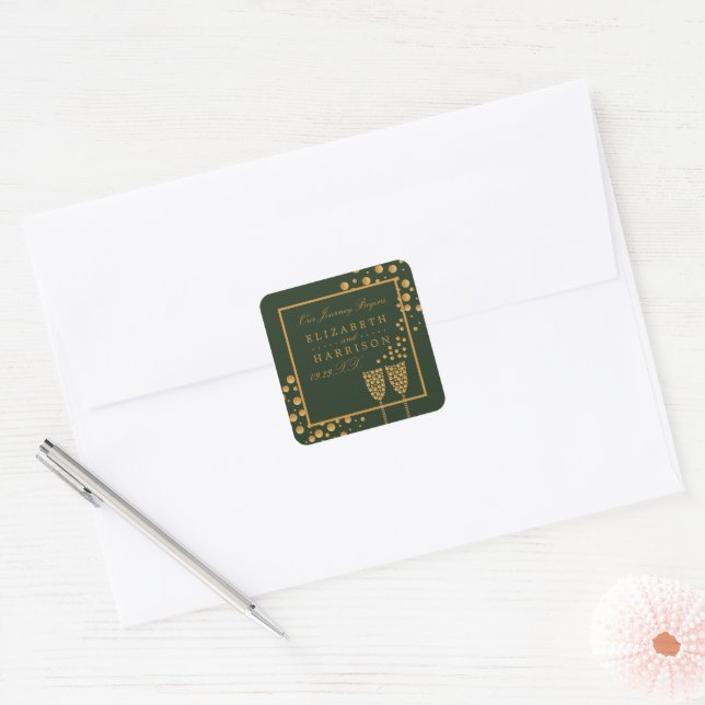 Gold Champagne Bubbles - Green & Gold - Wedding Square Sticker (Envelope)