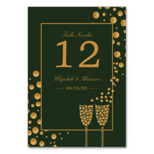 Gold Champagne Bubbles - Green & Gold - Wedding Table Number