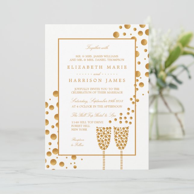 Gold Champagne Bubbles Wedding Invitation (Standing Front)